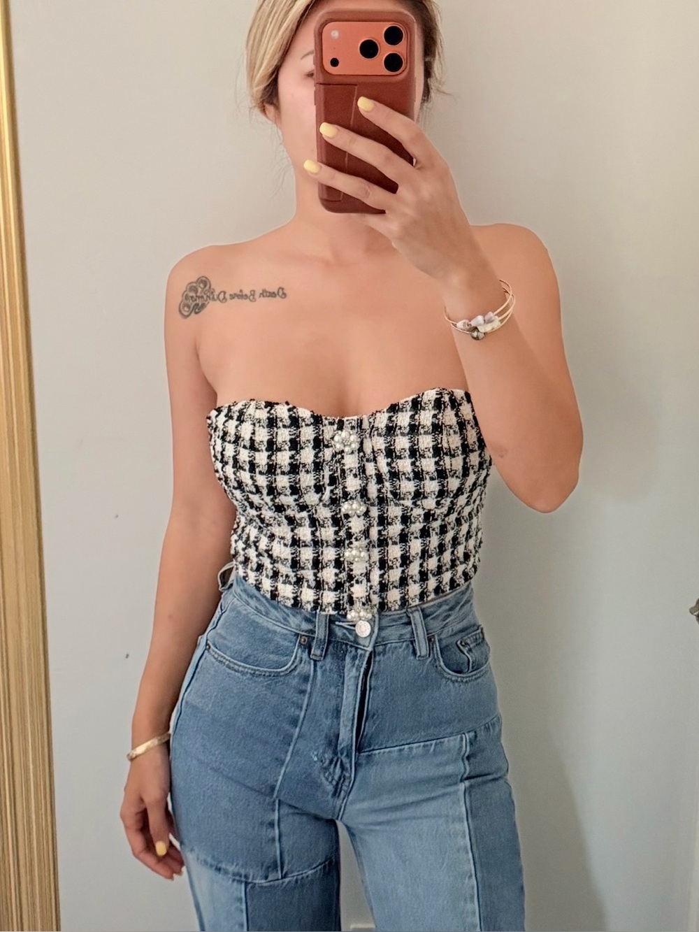 Pearl-Button Tweed Strapless Corset Crop Top in Black & Cream